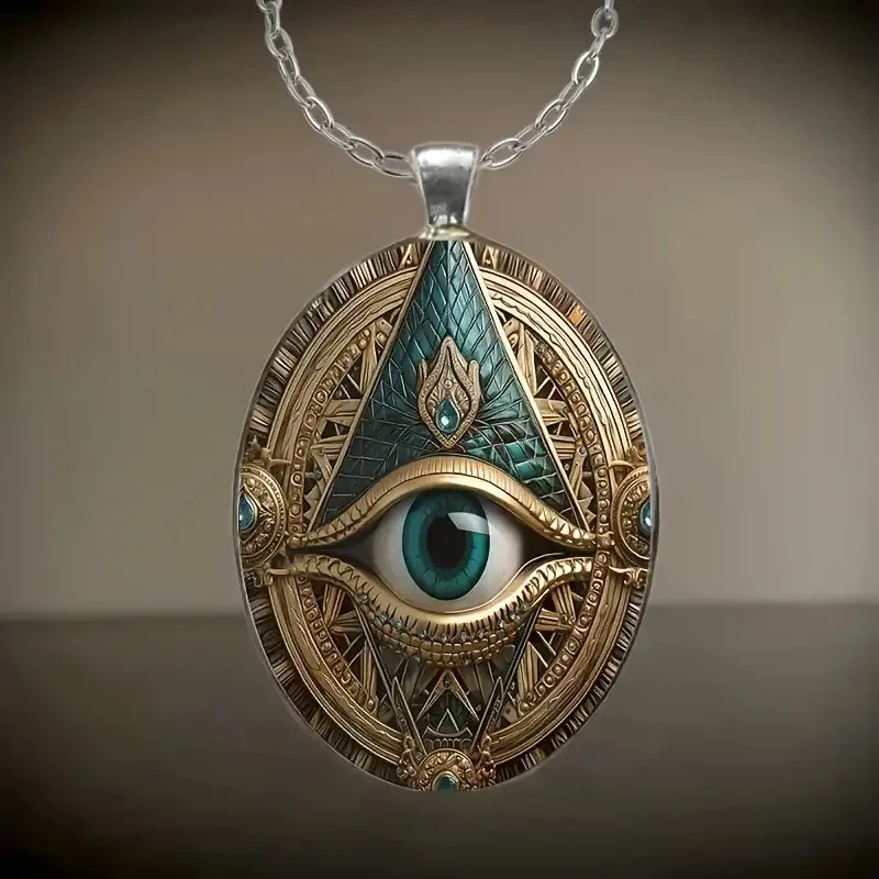 Evil Eye Mosaic Pendant Necklace, Silver-Plated Alloy with Glass Micro Mosaic in Elegant Oval Talisman Design, Boho Chic Jewelry