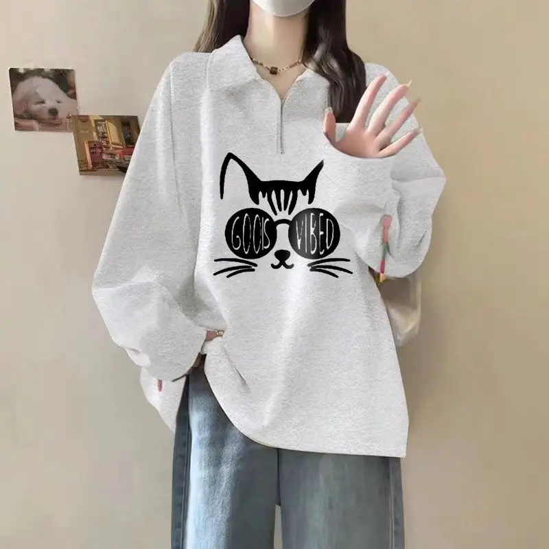 Spring Autumn Women\'s 2024 New Splice Polo Collar Zipper Printed Letter Fashion Solid Color Loose Casual Long Sleeve Sweatshirts