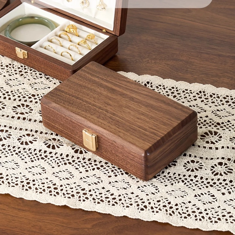 صندوق تخزين مجوهرات من خشب الجوز الأسود، منظم حلية أنيق محمول، صندوق ديكور عتيق للخواتم والأساور والإكسسوارات #2