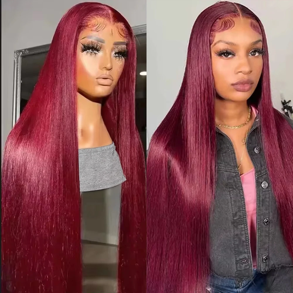

36 Inches 99J Burgundy Straight 13x6 Lace Frontal Human Hair Wig Brazilian Transparent Red Colored 13x4 Lace Front Wig For Women