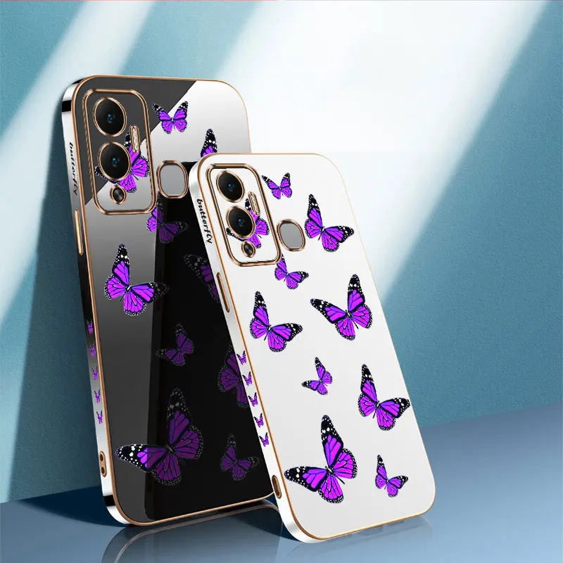 Purple Butterfly Luxury Plating Case For Infinix SMART 6 7 8 ZERO 20 CAMON 18 19 20 POVA 3 4 5 SPARK 7 8 10 GO PRO Cover