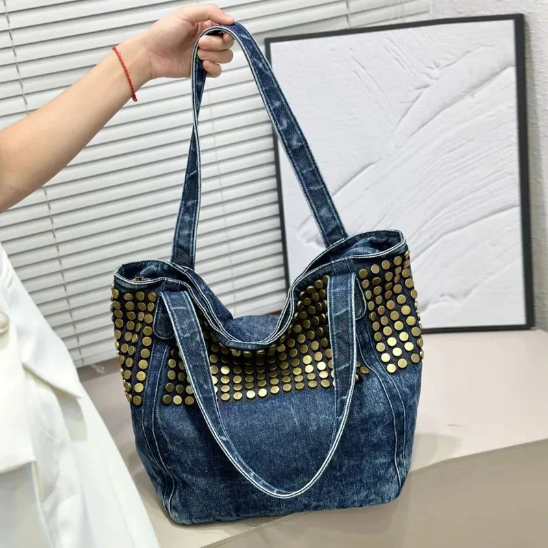 

Blue Denim Dot Metal Studded Underarm Shoulder Bag,Designer Rivet Women Tote Bag,Vintage Motorcycle Trendy Street Large Handbag