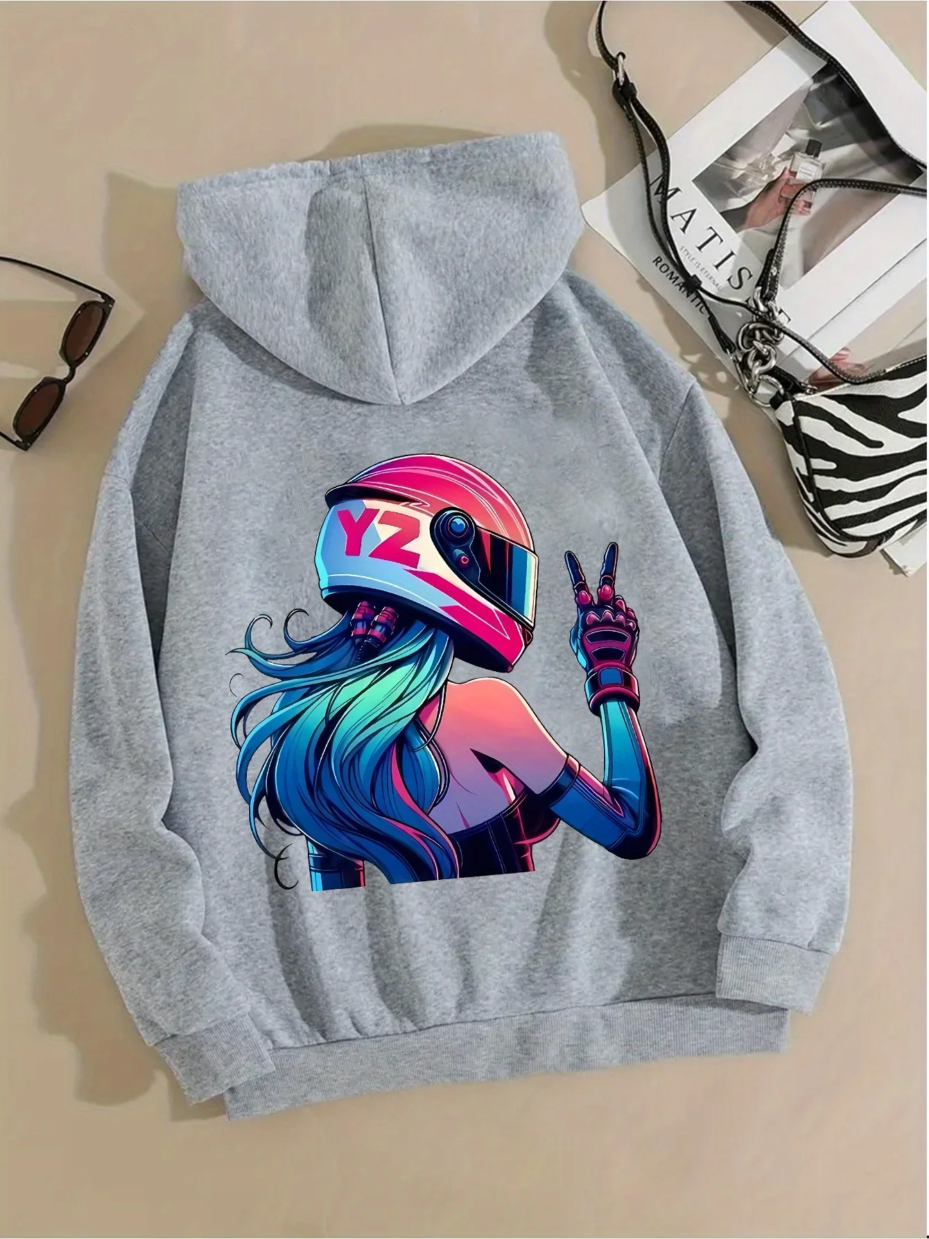 Women Fashion Casual Sports Hoodie Biker Rider Making Peace Sign Back Print Long Sleeve Pullover Hooded Sweatshirt Loose