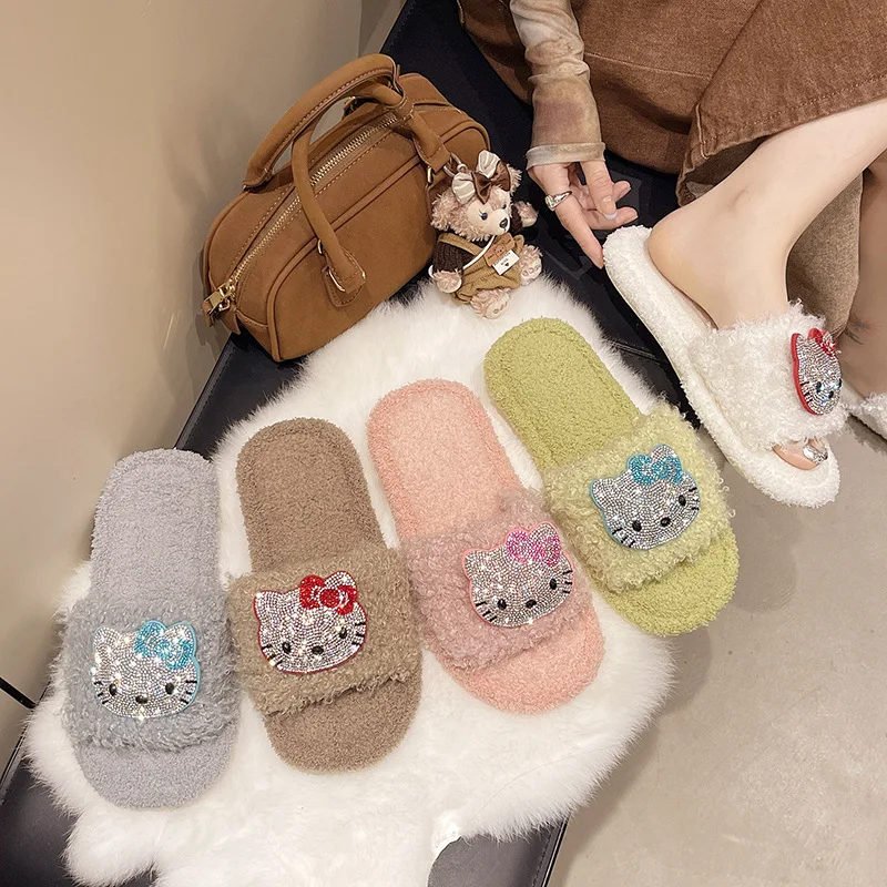 

Детские тапочки, домашняя обувь, хлопковая зимняя обувь с открытым носком и кошачьими пайетками для девочек, теплая нескользящая розовая обувь цвета хаки, размер 36-41