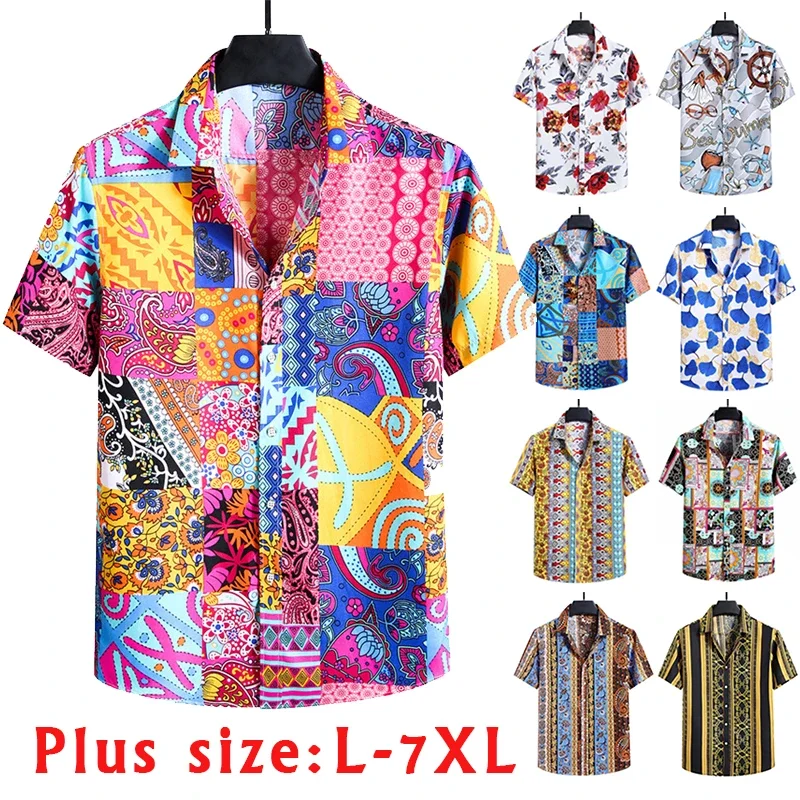 2023 New Men's Short Sleeved Print Shirt Summer Fashion Flower Beach Shirt Men Tops Blouse Plus Size M-7XL