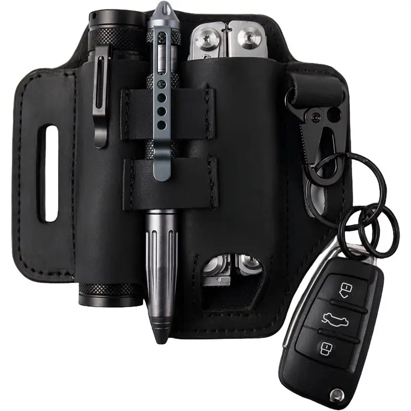 Dropship-For Belt Multitool Sheath-Pouch& Leather Case With Flashlight Holder, Pen Loop& Keychain Clip For Men
