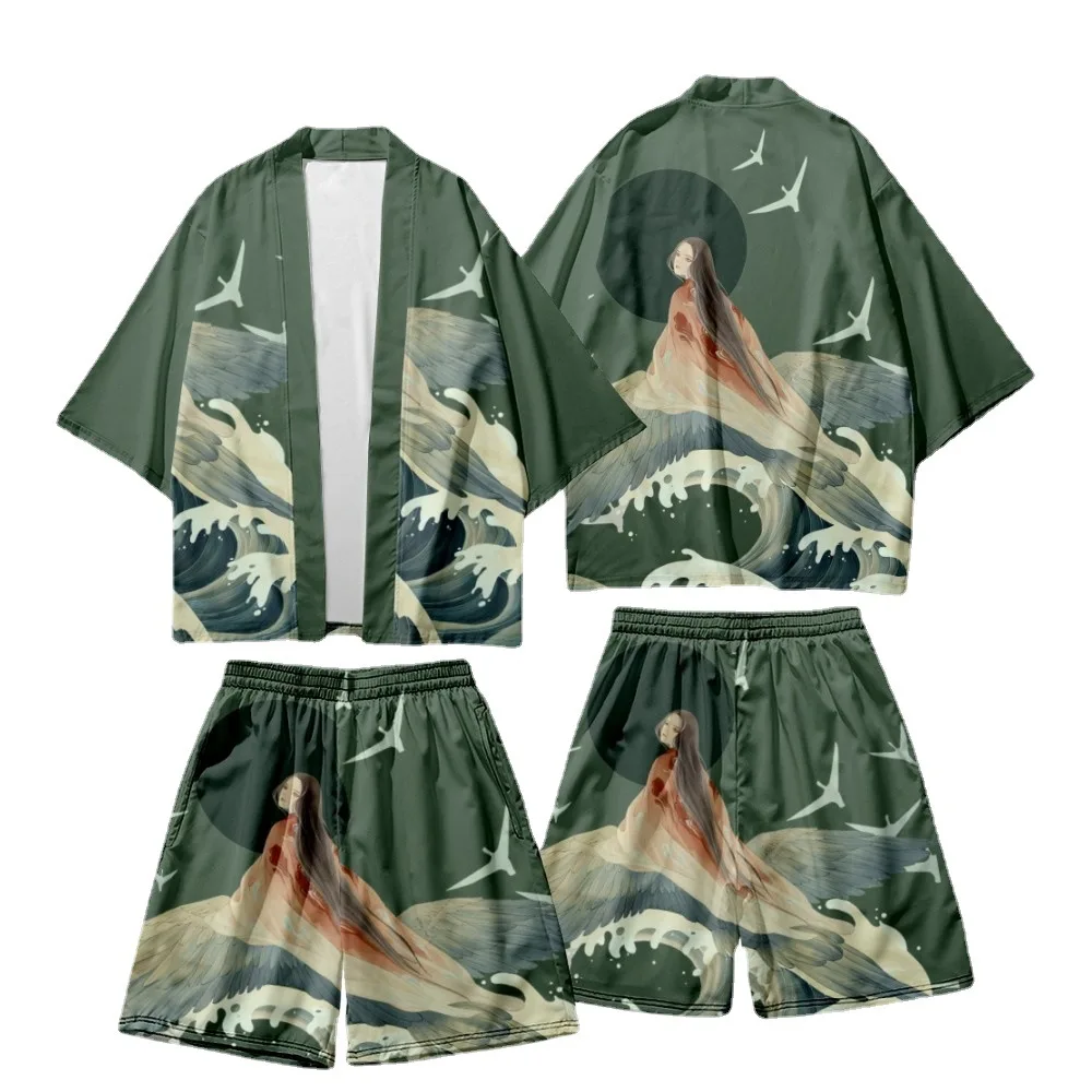 

Couple Women Men Asian Clothes Harajuku Cartoon Beauty Printed Kimono Japanese Casual Loose Cardigan And Beach Shorts Set