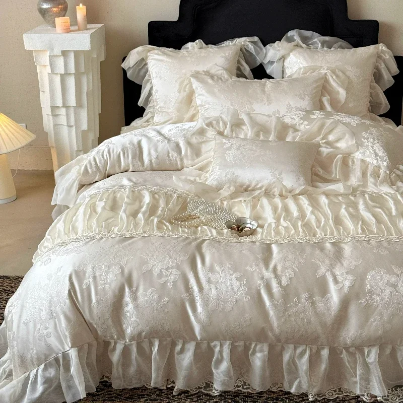 French fairy romantic jacquard long staple cotton 4 piece set pure cotton lace edge bed cover duvet cover princess style bedding