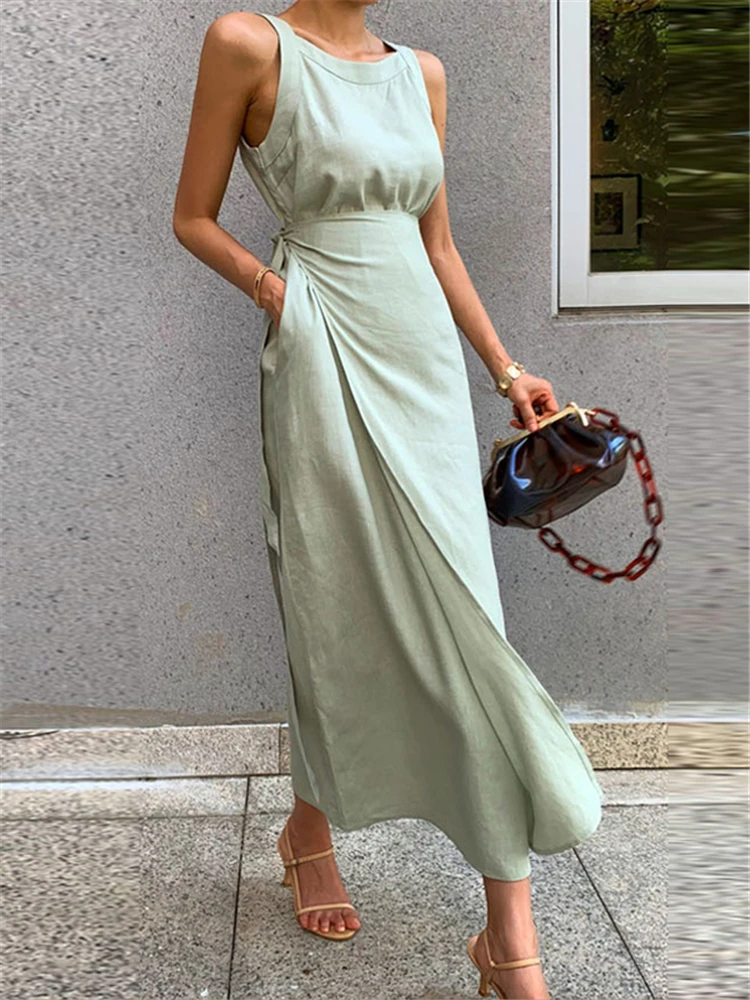 REALEFT New 2024 Summer Cotton Linen Women's Long Dresses Vintage Lace Up Maxi Dress Sashes Sleeveless Female Tank Beach Dresses