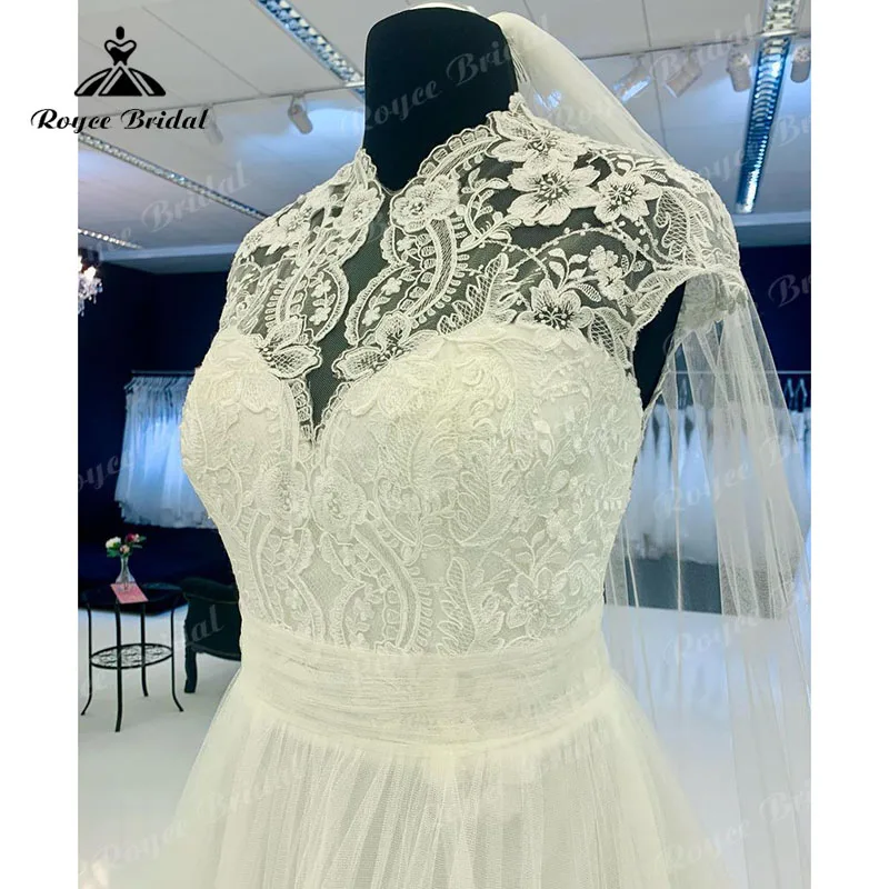 Boho abiti da sposa collo alto manica berretto corpetto di pizzo pieghe di Tulle senza schienale spiaggia 2023 abito da sposa Vintage su misura elegante