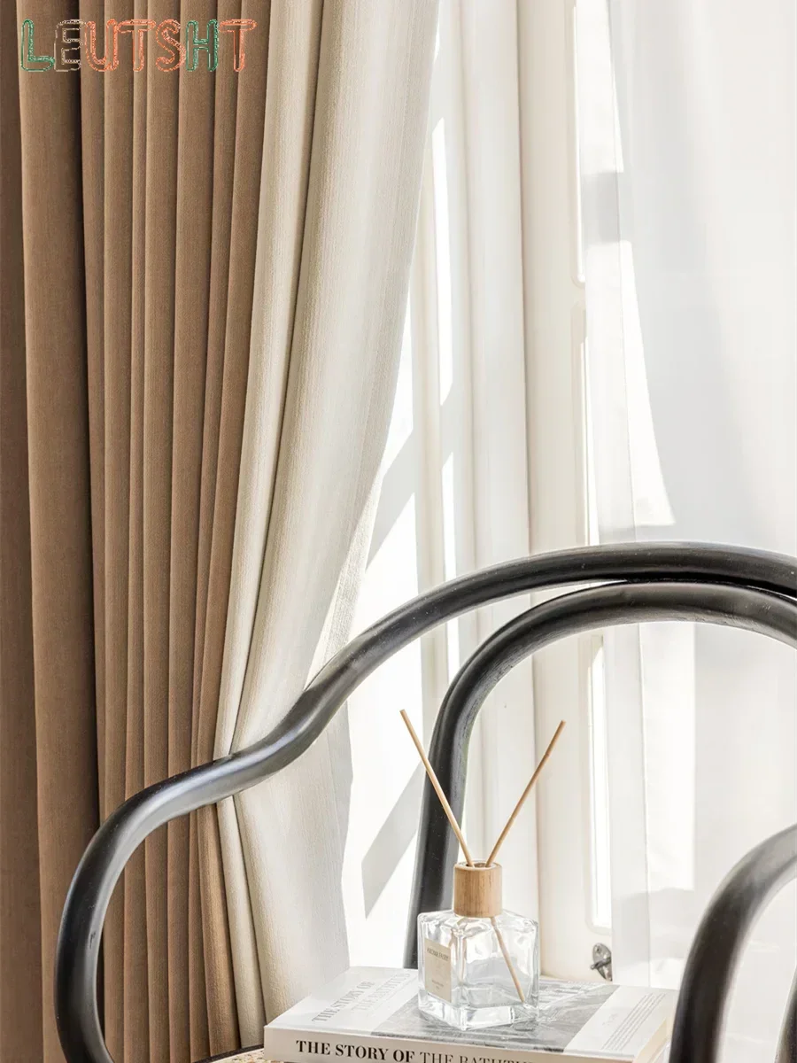 

Custom Solid Color Chenille Cream Blackout Curtains Modern Simple Light Luxury Bedroom Living Room Balcony Bay Window Fabric