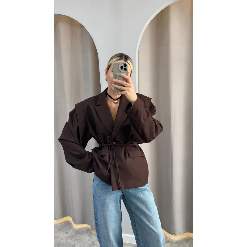 

Women Waist Cinching Jacket Fashion Solid Lace Up Lapel Long Sleeve Autumn Short Coat 2025 New Lady Street Chic Outerwear