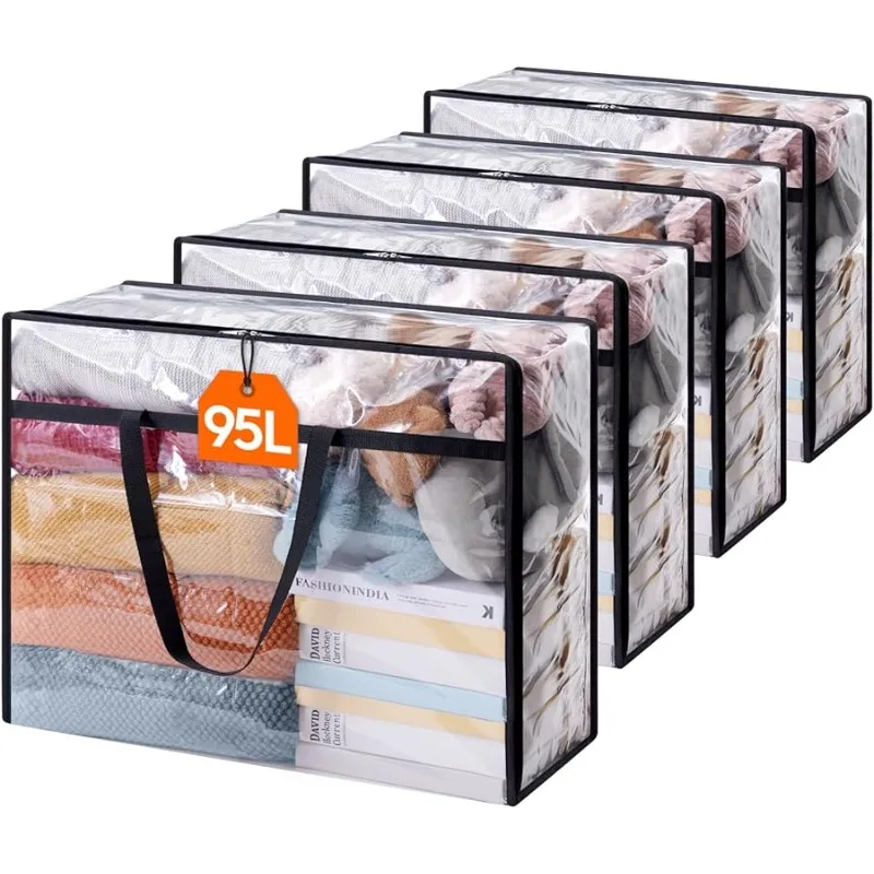 

4 Pack Clear Clothes Storage Bags, 95L Plastic Blanket Storage Bag, Vinyl Foldable Moving Bags with Zipper，Closet Organizers and