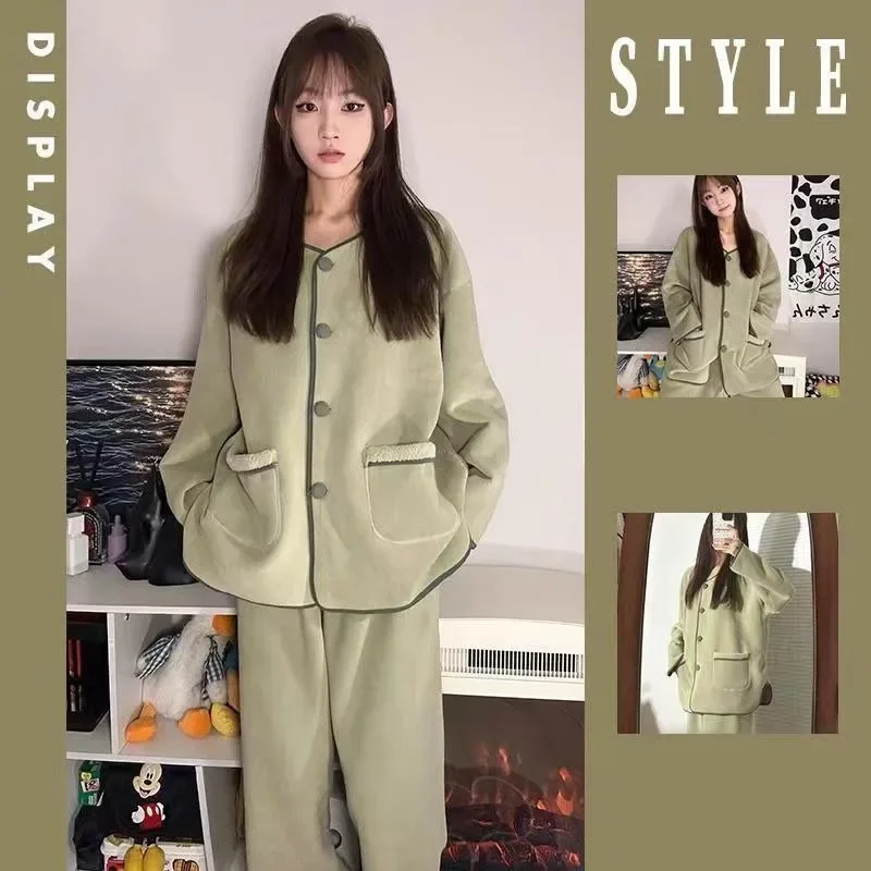 Coral Velvet Pajamas Women Autumn and Winter Long-sleeved Pants 2 Piece Set New Padded Thickened Flannel Homewear Clothing Suit