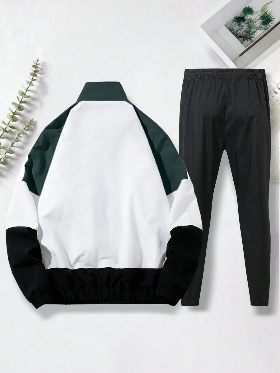 

Men Contrast Color Stand Collar Zip-Up Jacket And Pants 2pcs Set Spring Autumn Windproof Breathable Casual Sportwear