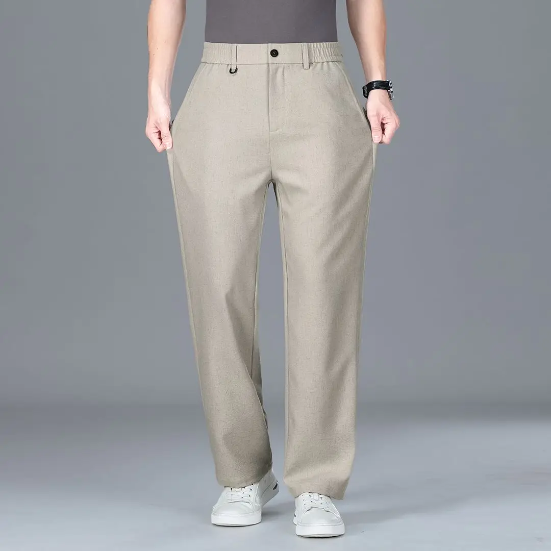 2026 Men's Linen Blend Thin Elastic Business Casual Pants Loose Straight Leg Breathable Summer Trousers for Office & Daily Wear