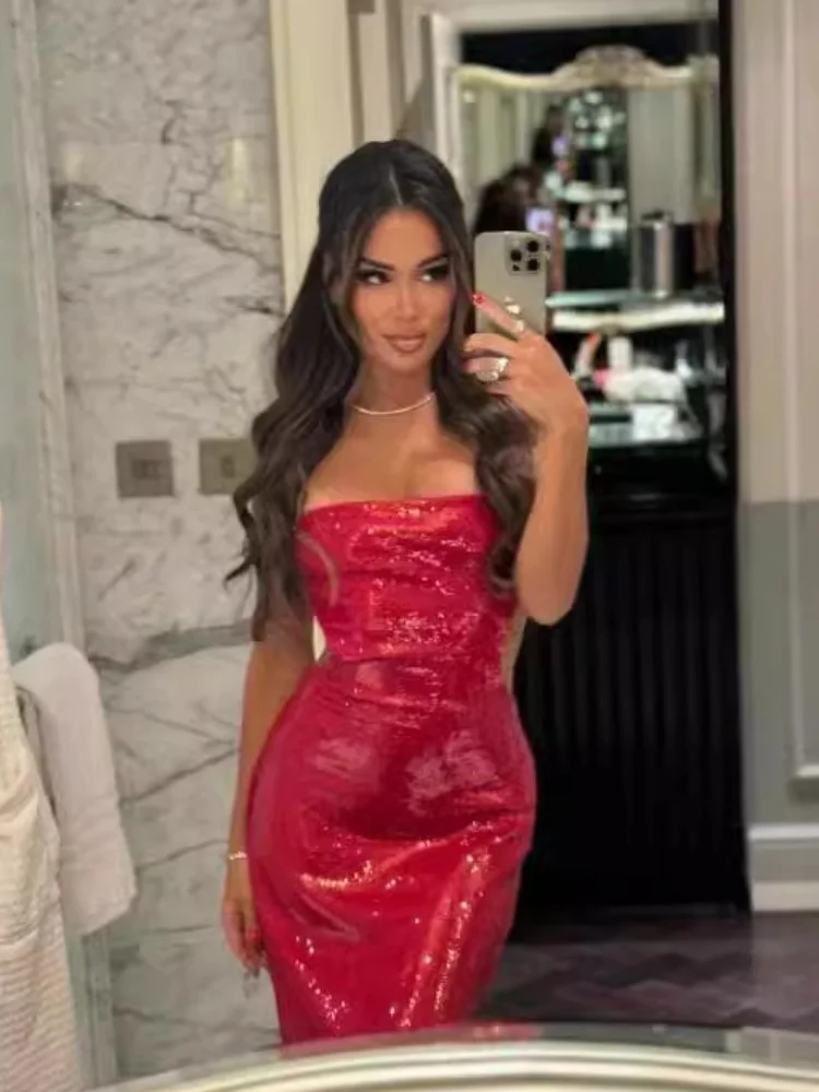 Sukienka cekinowa bodycon na ramiączkach z dekoltem U, bez pleców, bez rękawów, z rozcięciem, błyszcząca sukienka damska na lato 2025, wieczorowa sukienka damska Vestido