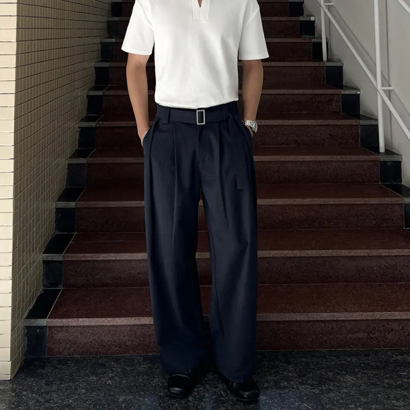 

Классические мужские повседневные брюки прямого кроя, однотонные, с декоративным поясом, свободного кроя, широкие повседневные брюки для мужчин