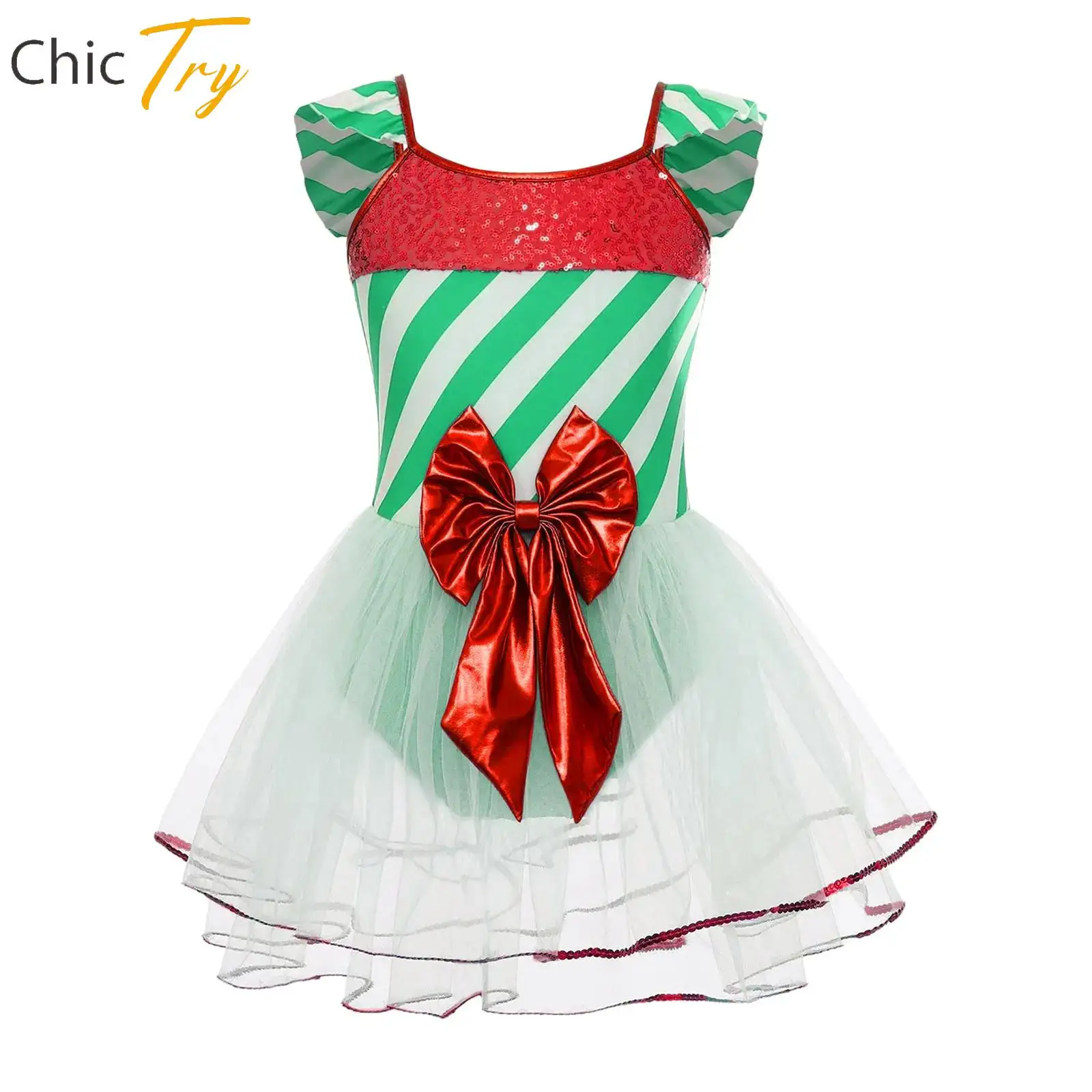 

New Girls Christmas Candy Cane Role Play Costume Sequins Stripes Bodysuit Ballet Dance Tutu Dress Gymnastics Leotard Dance Wear