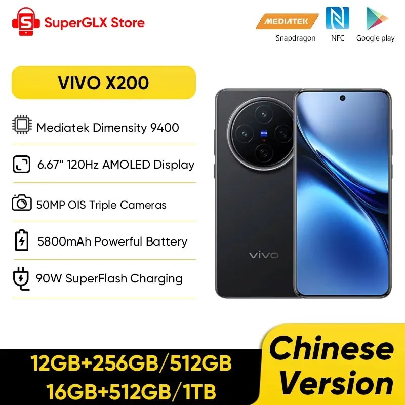 New VIVO X200 Mobile Phone Chinese Version Dimensity 9400 6.67'' AMOLED 120Hz Screen 50MP Camera 5800mAh 90W Charger OTA Update