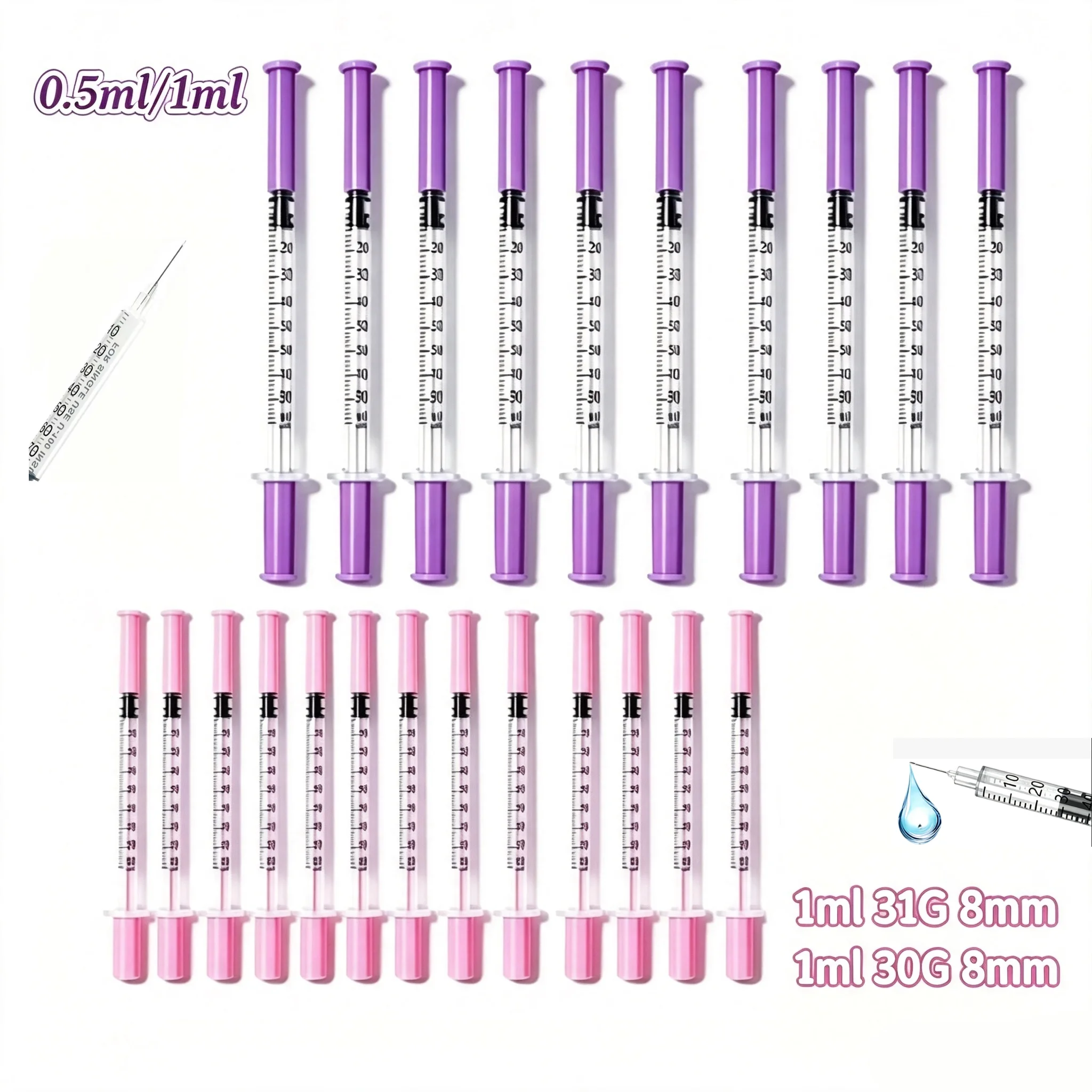 Image of Einwegspritze 0,5ml 1ml Rosa Lila Kolben Mit Nadel 30G 31G 6mm 8mm, Mikro-Flüssigkeitsmesswerkzeuge