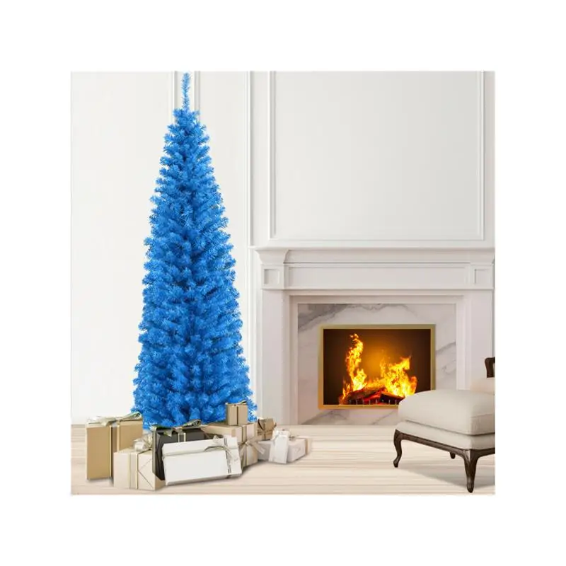 Pohon Natal Artifisial 6FT - 520 Ujung Cabang, Desain Pensil Biru, PVC Ramah Lingkungan, Penyangga Logam Tahan Lama untuk Dekorasi Liburan