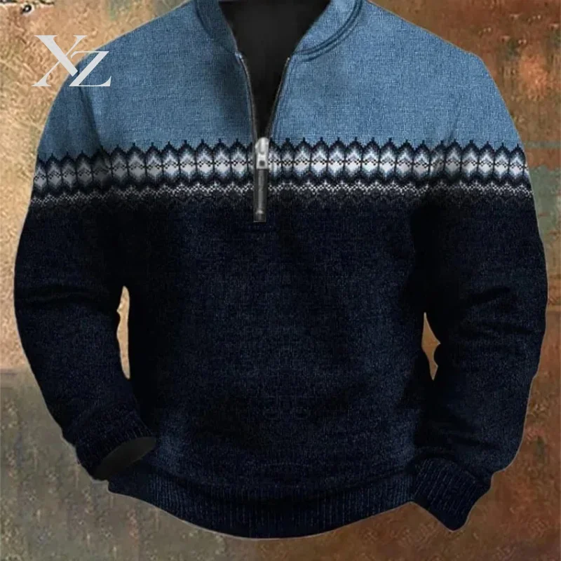 Men's Vintage Textured Zip Neck Knit Sweatshirt Long Sleeve Oversized Retro Casual Loose Holiday Tunic Outdoor Sports Top