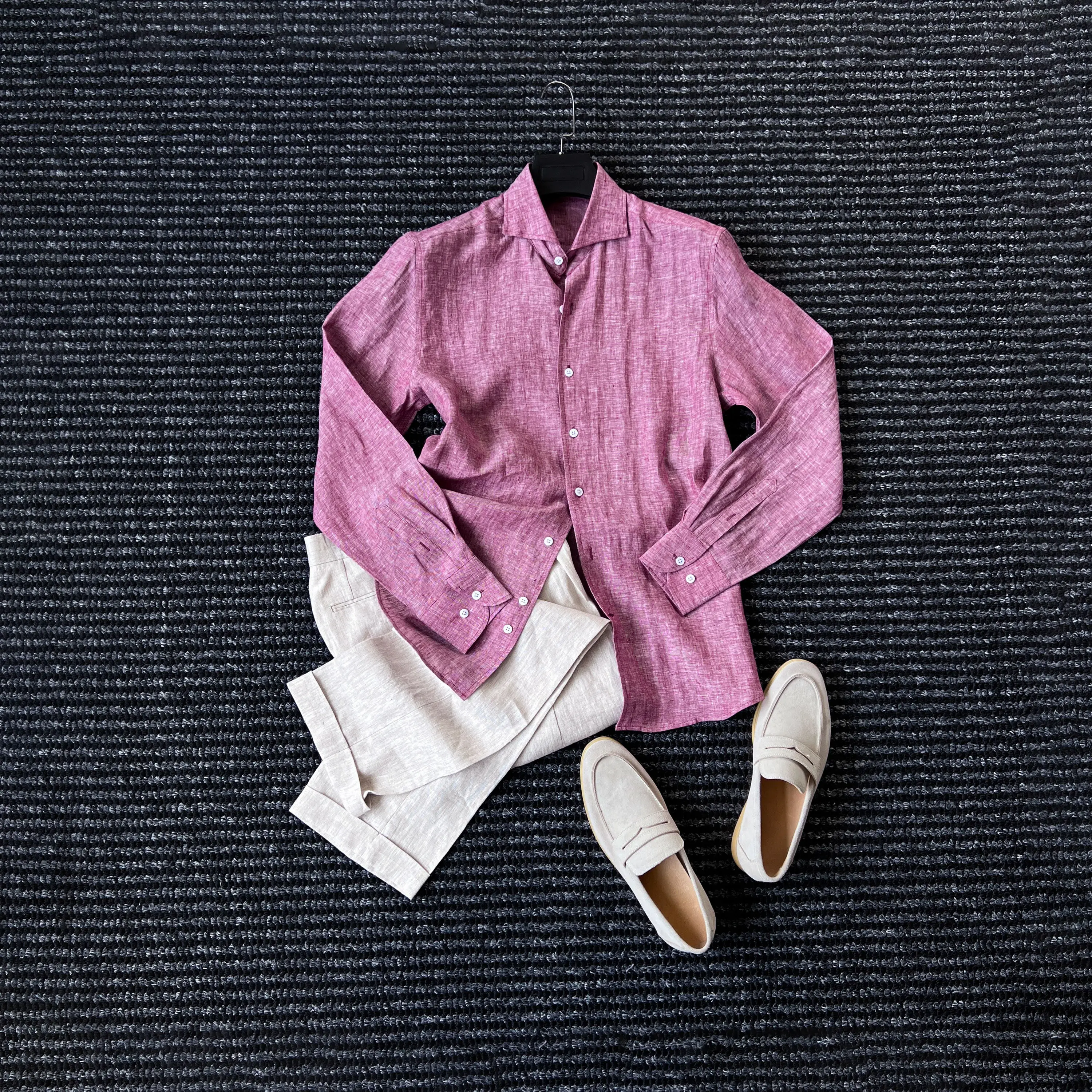 

Italian style one piece collar 100% linen woven long-sleeved shirt men's design aesthetics upstart aesthetic shirt