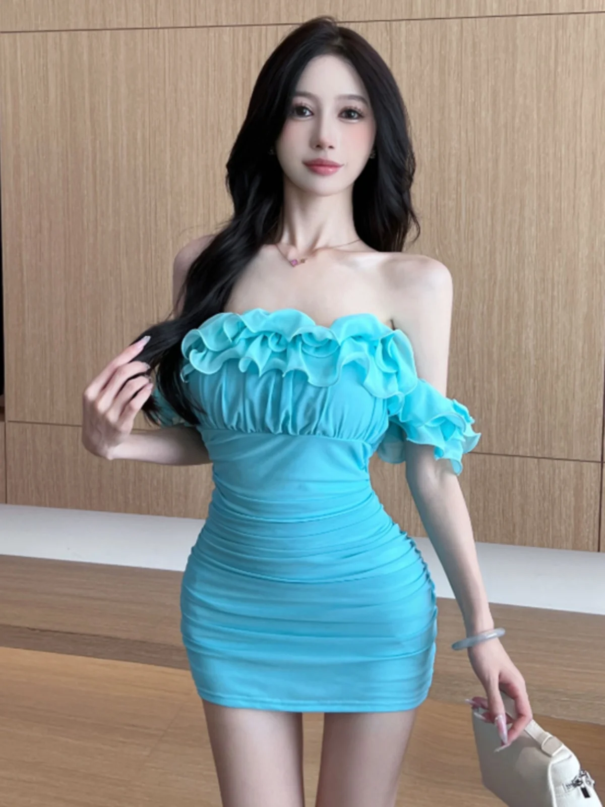 Sweet First Love Style One Shoulder Bridesmaid Dress Sexy Tight Slimming Bodycon Skirt High Waist Spring Summer Autumn