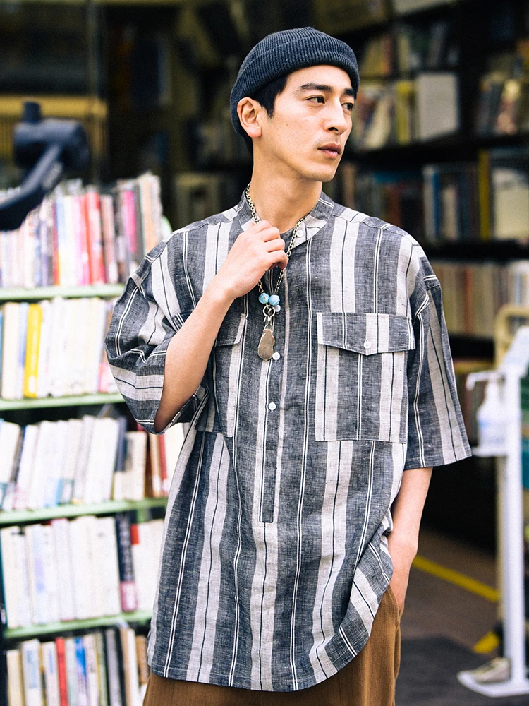 Linen Stand Collar Shirt CityDive Retro Style Short Sleeve Plaid Pattern Breathable Lightweight Summer Youth Fashion Male Shirt