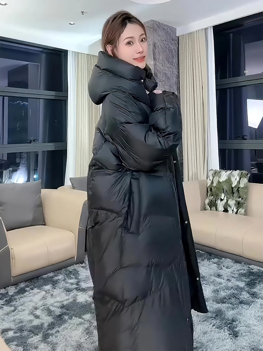 여성용 롱 화이트 다운 패딩 재킷, 푹신한 브레드 스타일 겨울 코트, 따뜻한 출퇴근용, 모자 포함