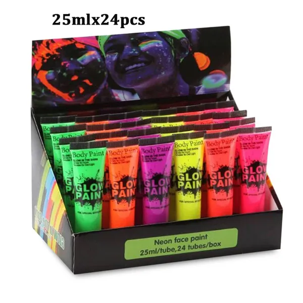 

24pcs/set 10ml/25ml Fluorescent Paint Face Body Painting Luminous UV Paints Face Make Up for Halloween Party cosplay makeup