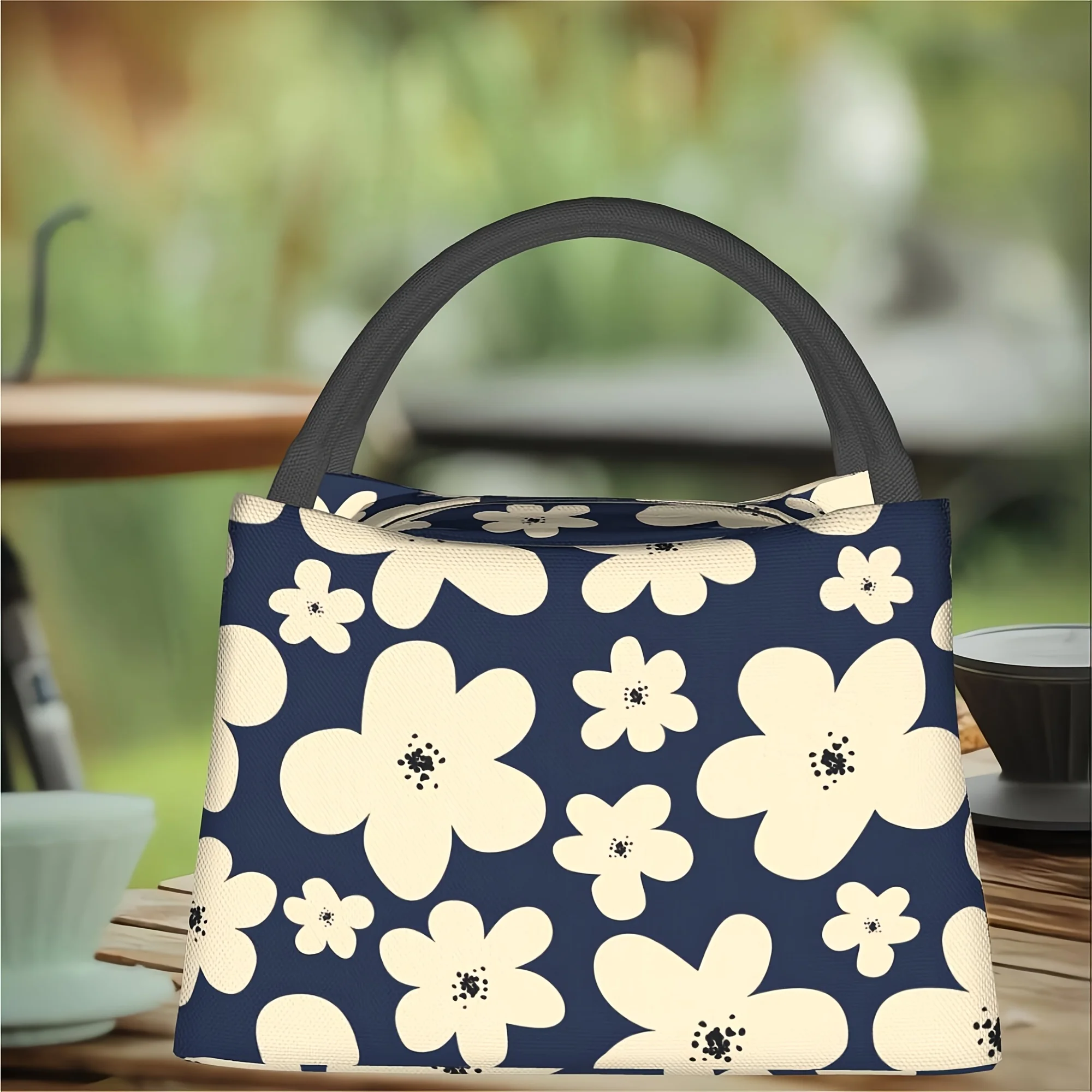 

1pc Blue Background White Flower Pattern, Reusable Outdoor Portable Thermal Lunch Box, Lunch Bag, Bento Bag