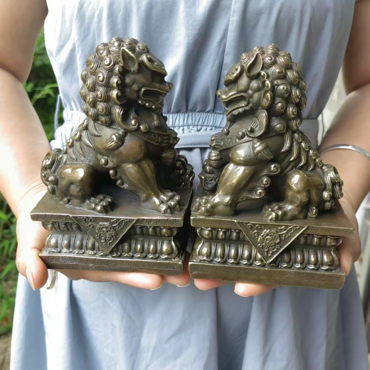 Pair Vintage style Copper Fu Foo Lion Statue Pair Signed,Old Antiques Chinese Bronze Fu Foo Dog Guardian Lion Statues, Marked