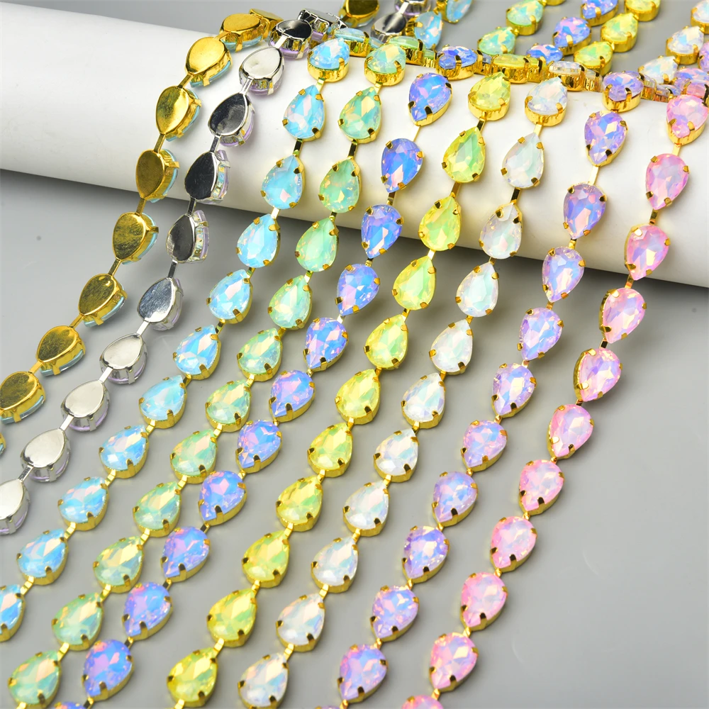 Glitter 10X14Mm Colorful Water Drop Opal Mocha Rhinestone Metal Chain Diy Clothing Shoes Hats Applique 7 Colors Crystal Trimming