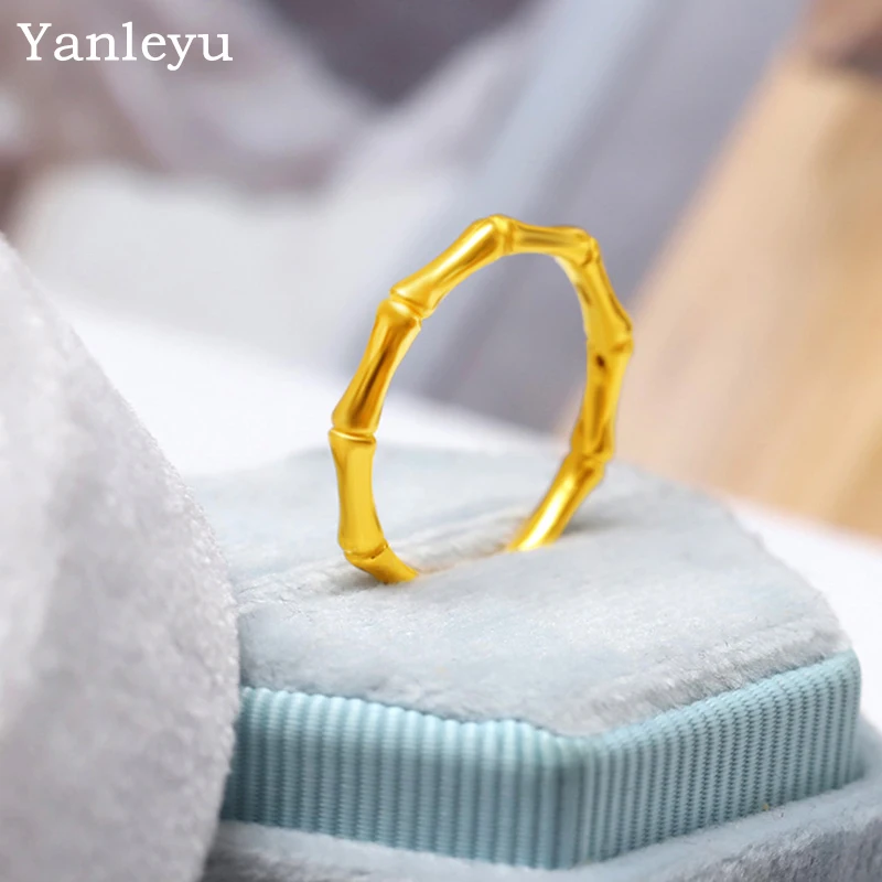 Yanleyu Luxury 18K Gold Color Creative Bamboo Ring Titanium Steel Non-fading Finger Rings for Women Engagement Wedding Jewelry