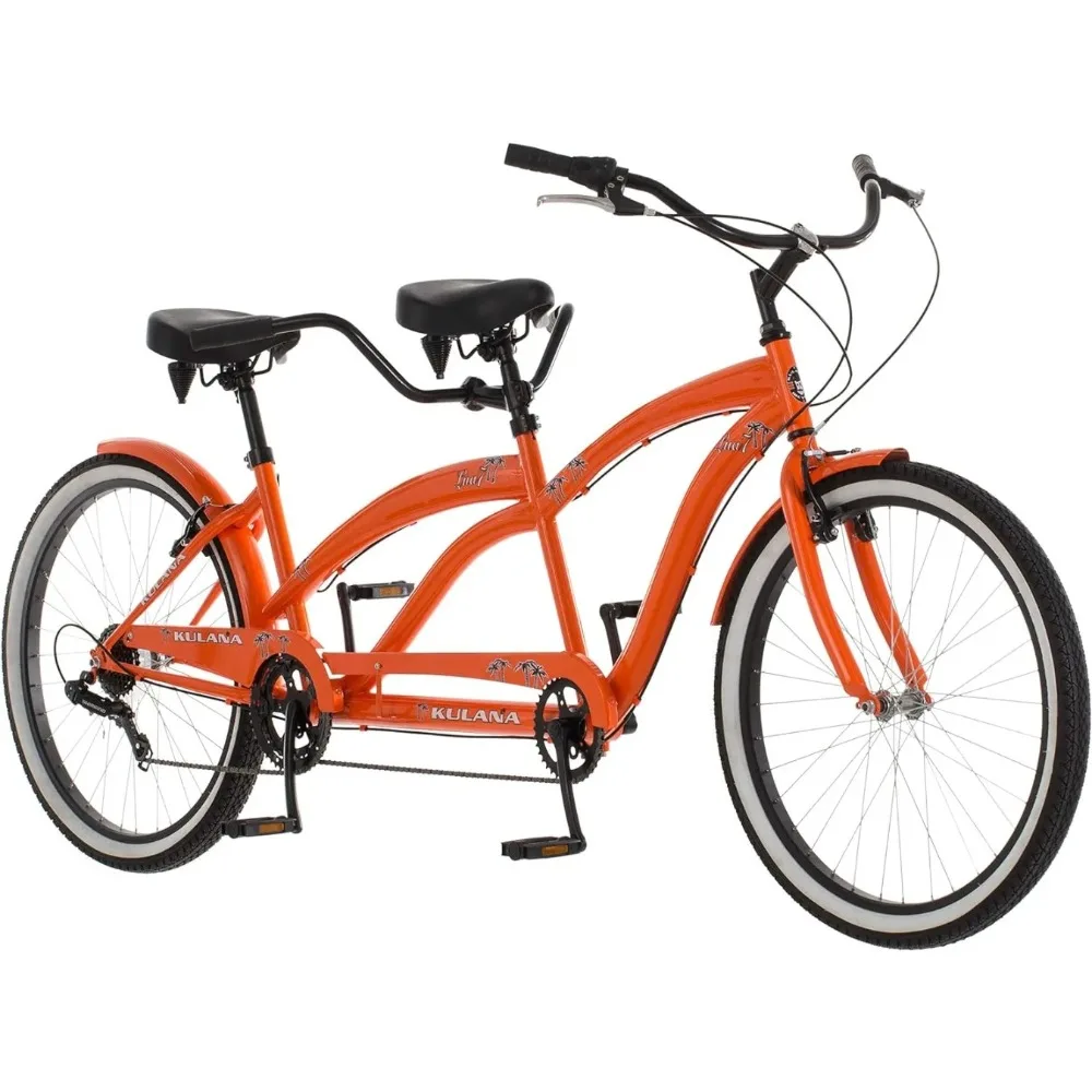 Lua Tandem Adult Beach Cruiser Bike, Double Rider Bicycle, Mens and Womens 26-Inch Wheels, 7-Speed, Orange