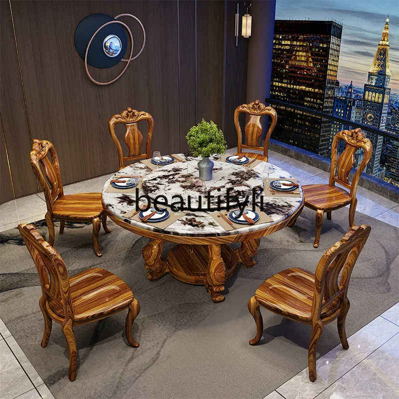 

Household Ebony Marble Dining Table Villa Restaurant Solid Wood Furniture