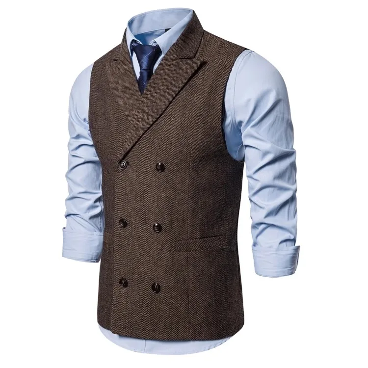 Mens Double Breasted Brown Suit Vest 2019 Brand Casual Solid Color Business Sleeveless Waistcoat Gentlemen Chalecos Para Hombre