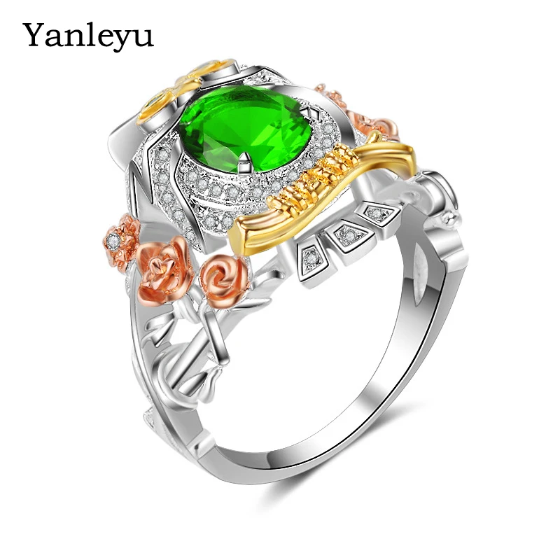 Yanleyu Fashion Animal Jewelry Owl Rings for Women Solid Tibetan Silver Green Cubic Zircon Stone Ring Christmas Gift PR186