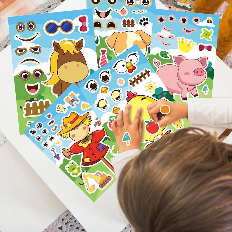 8PCS Face Change Stickers Self-adhesive Decompression Puzzle Stickers Cartoon DIY Kids Enlightenment Cognitive Learning Stickers