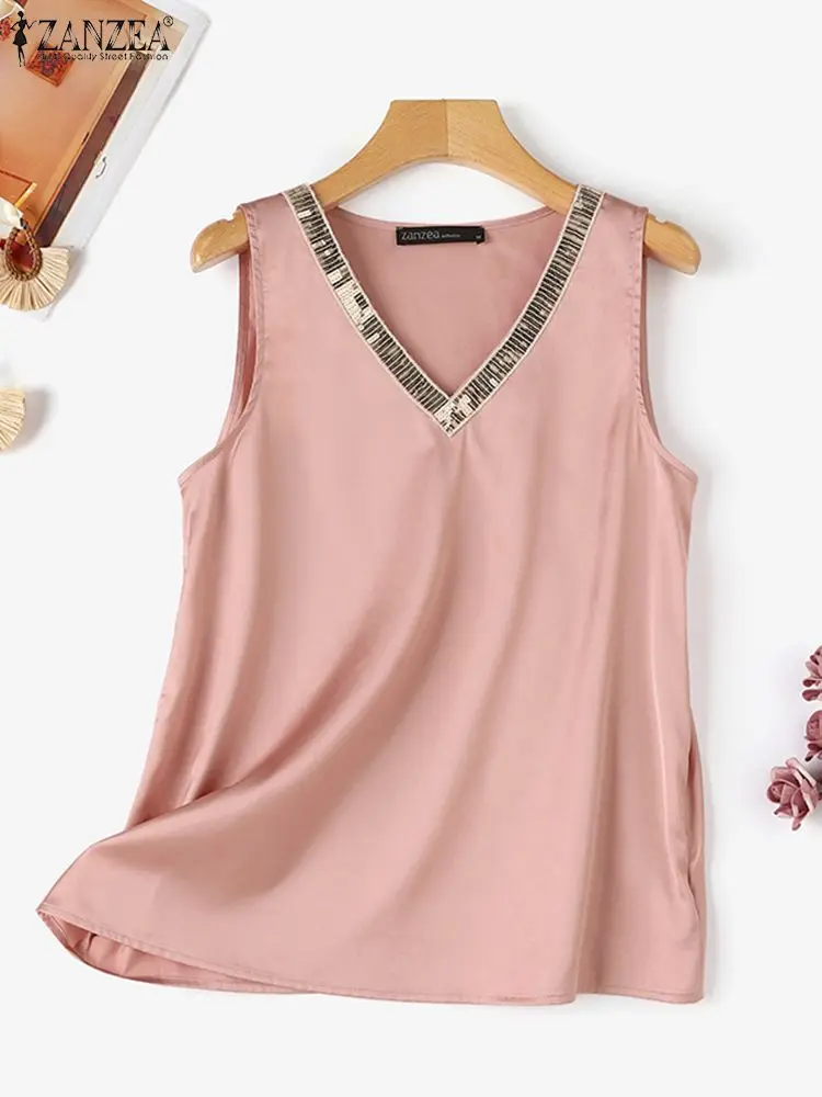 ZANZEA Sequins V-neck Elegant Party Shirts Women 2024 Fashion Summer Sleeveless Satin Blouses Stylish OL Work Solid Color Tops