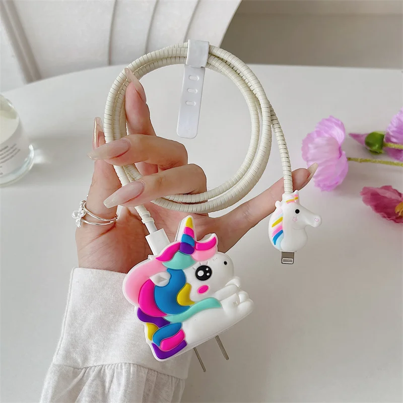 Y2K Cute Cartoon Color Unicorn Charger Cover For IPhone 11 12 13 14 18W-20W Kawaii Clear Charge Protection Cover Charger Sleeve