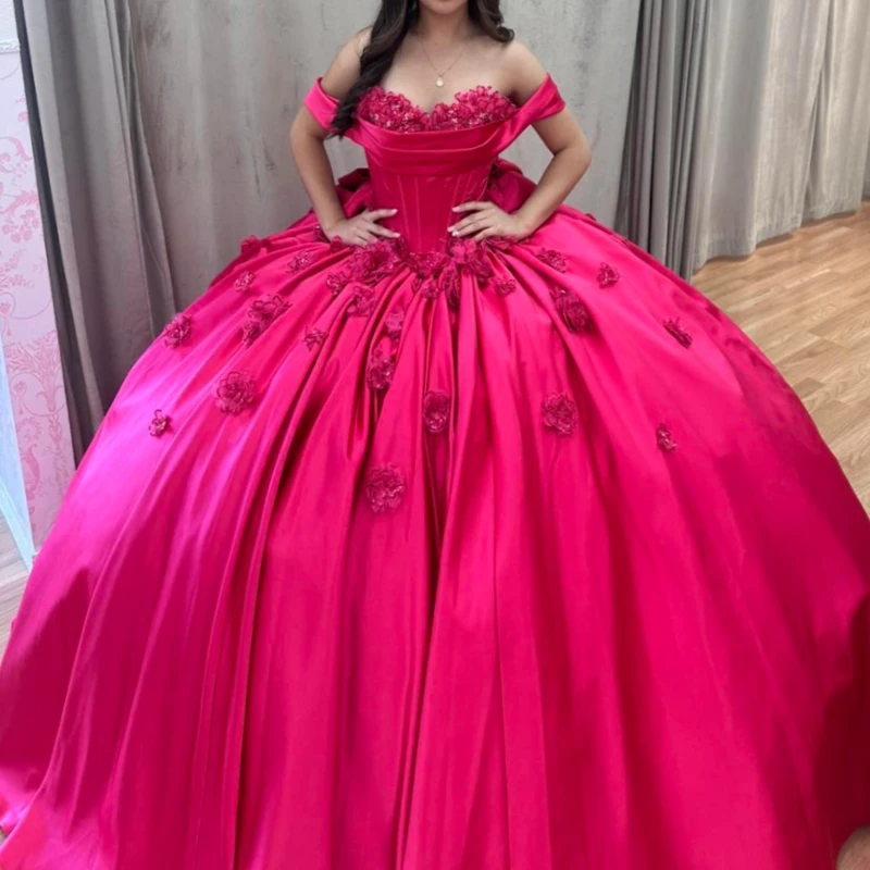 

Rose Red Ball Gown Quinceanera Dresses Off The Shoulder Applique Flower Beads Corset Party Birthday Sweet 16 Dress Vestidos 15