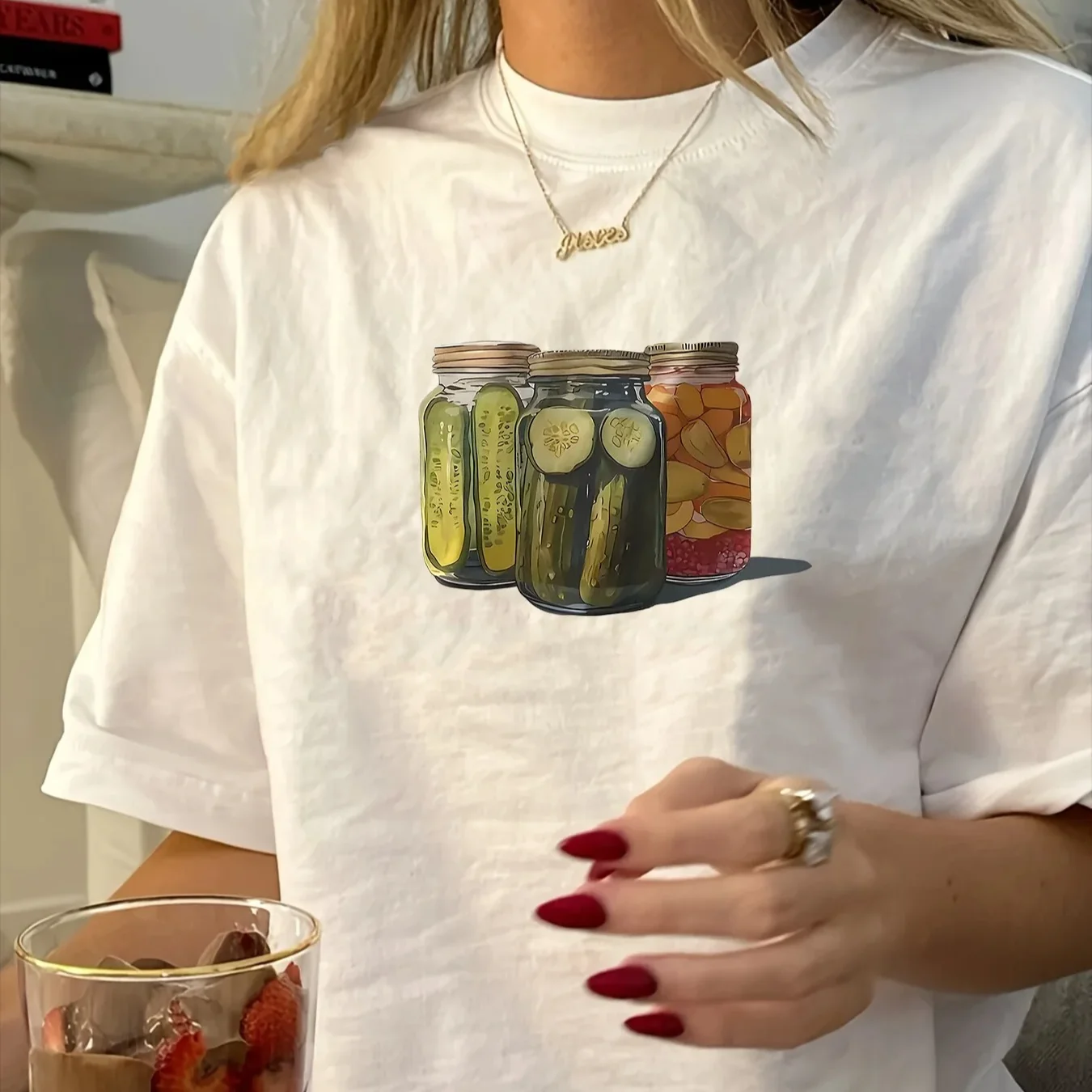 Vintage Pickle Jar Graphic T‑Shirt Retro Preserved Fruit Canning Bottle Print Oversized Unisex Crewneck Casual Streetwear Tops