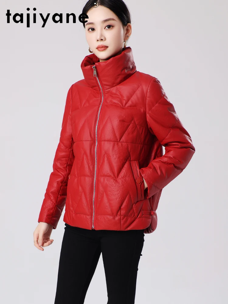 TAJIYANE 100% سترة منتفخة من جلد الغنم للنساء قسط قصير الأبيض بطة أسفل معاطف سترات من الجلد الطبيعي 2025 ملابس امرأة 신상АКю터