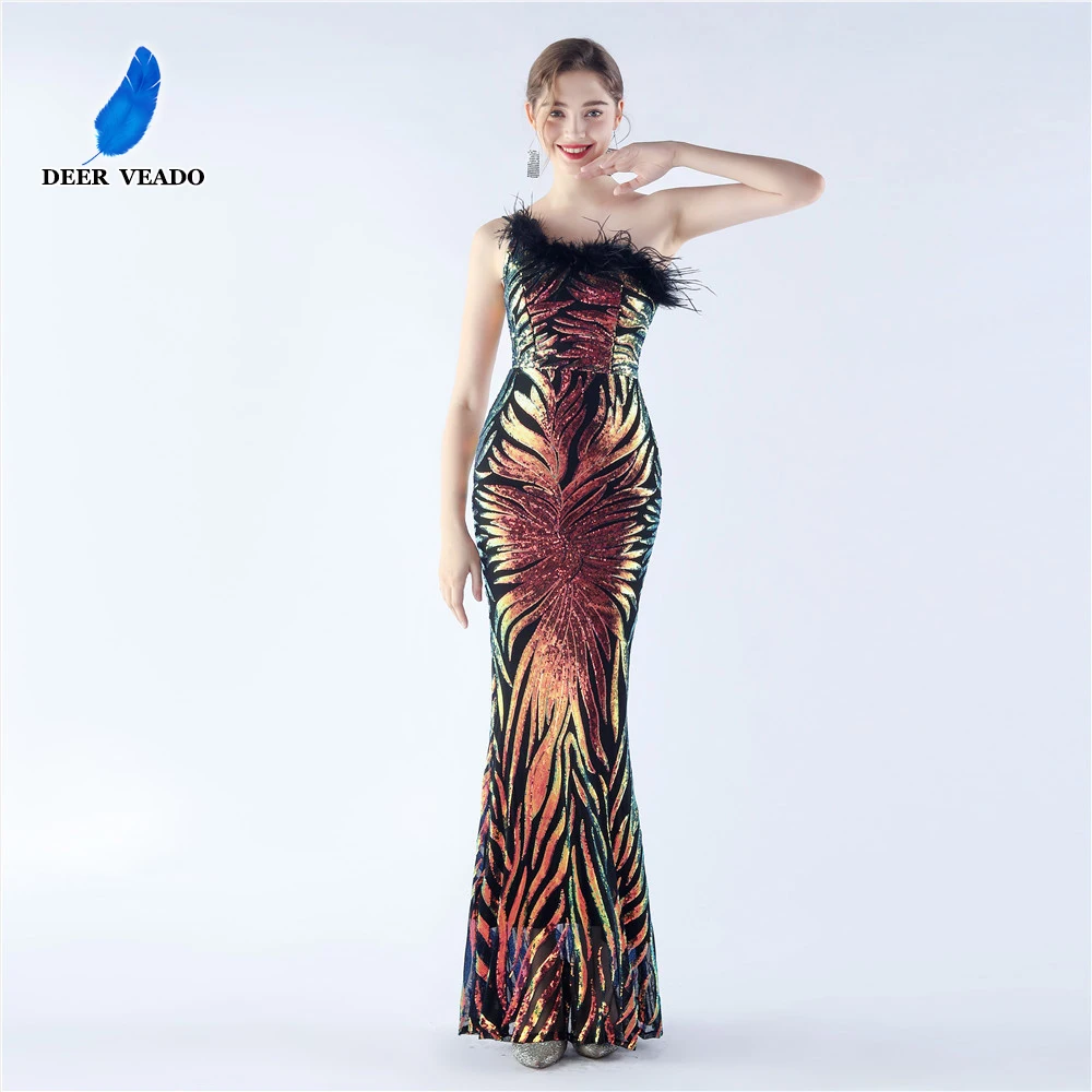 

DEERVEADO Women's One Shoulder Evening Party Dress with Feathers Sexy Mermaid Sequins Formal Occasion Dress Evening Gown