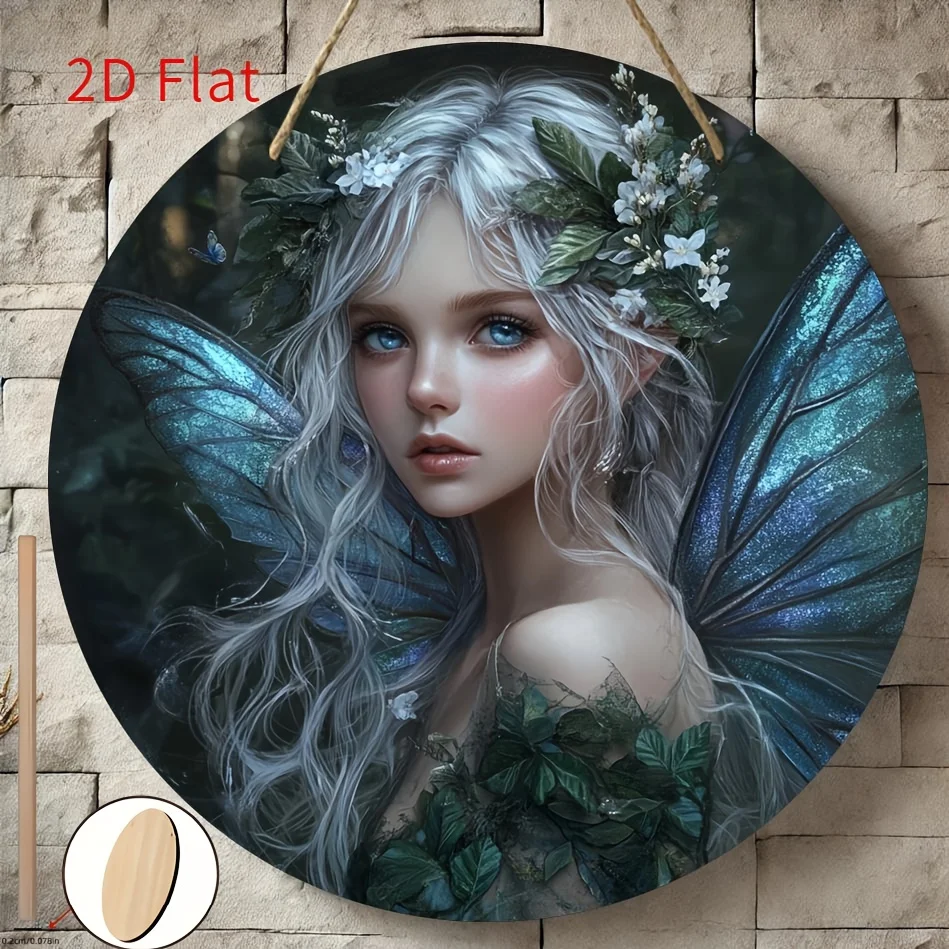 2D Flat, Round Fairy-Themed Wall-Mountable Wooden Sign - Suitable for Decor, Artificial Wood Panel with Fairy, 20.32x20.32 cm Ci