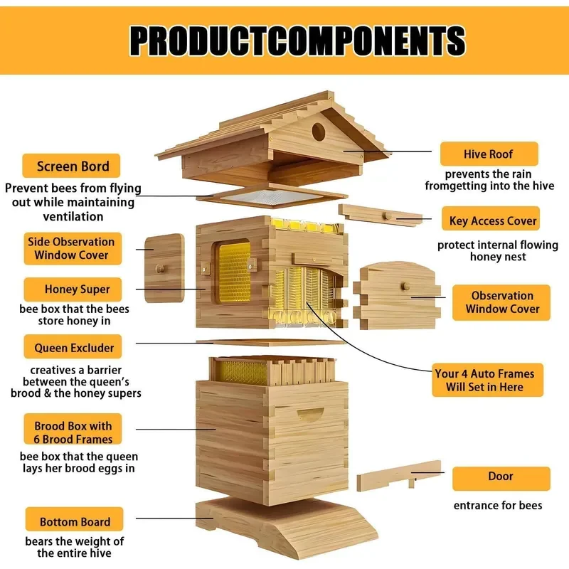 Self-Flow Beehive Kit with Observation Window and Honey Spout