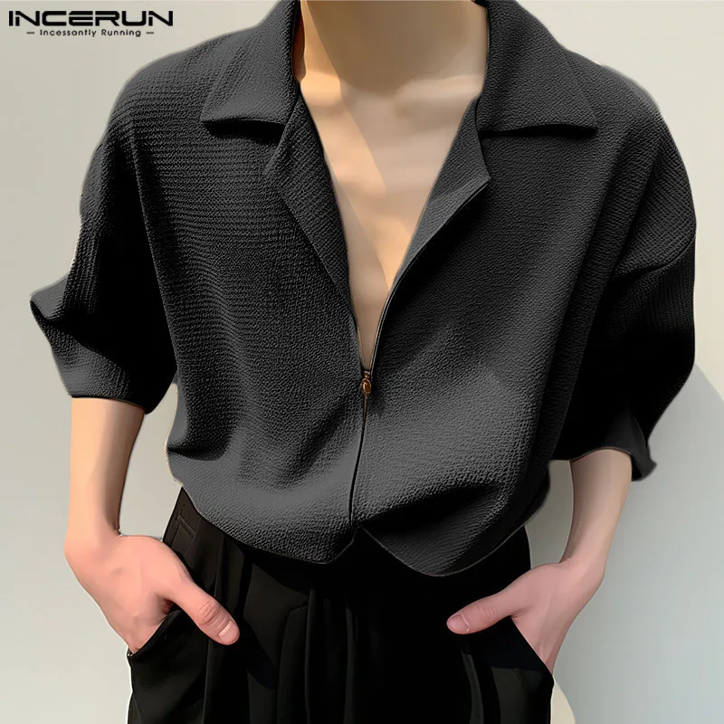 2024 Men Casual Shirt Solid Color Lapel Zipper Half Sleeve Streetwear Loose Men Clothing Summer Korean Fashion Shirts INCERUN